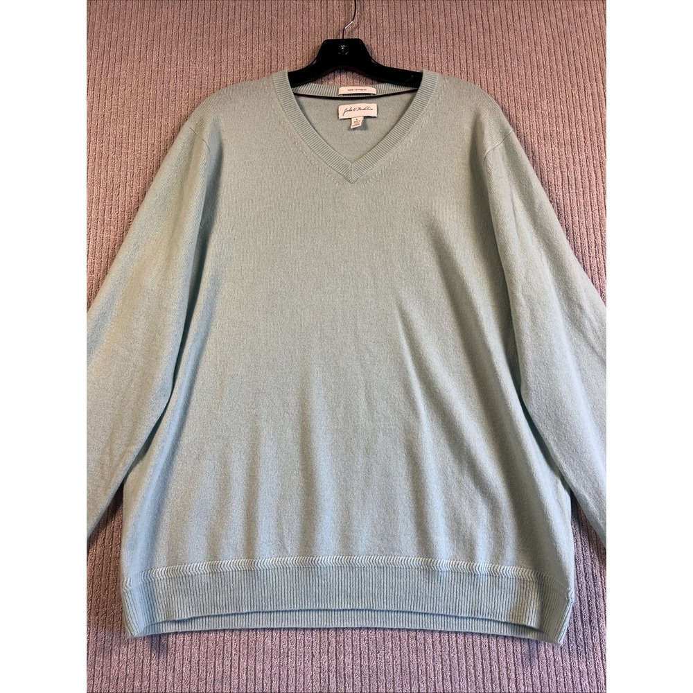 John W Nordstrom 100% Cashmere Sweater Men's L Aqua Blue V Neck Pullover Coastal